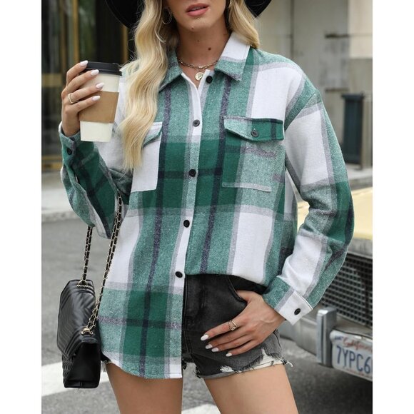 Womens Flannel Shacket Plaid Button Down Long Sleeve Fall Coat Casual Outfit - Picture 4 of 5